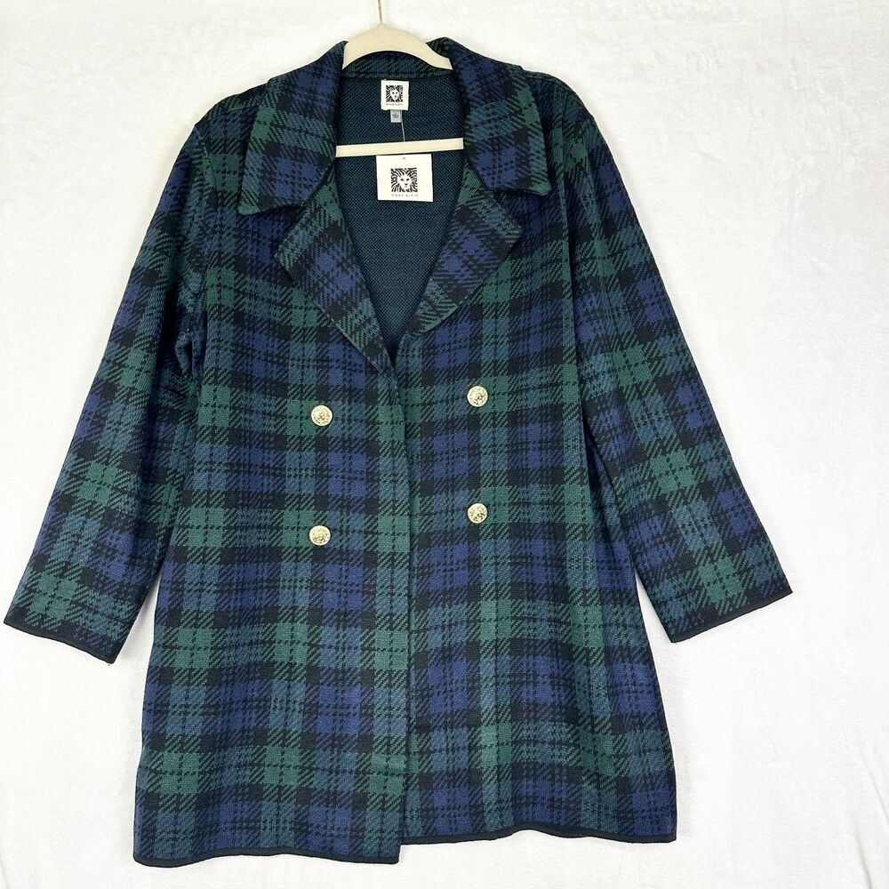 Anne Klein Tartan Plaid Sweater Blazer Cardigan Size Large NWT Open Front